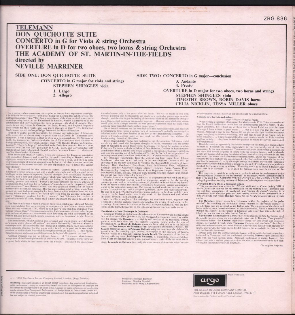 Neville Marriner / Academy Of St. Martin In The Fields - Telemann - Don Quichotte Suite - Lp