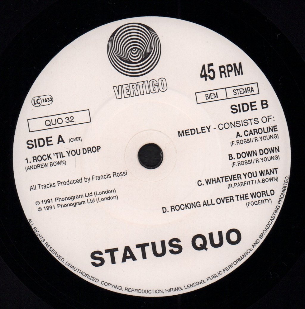 Status Quo - Rock 'Til You Drop - 7 Inch