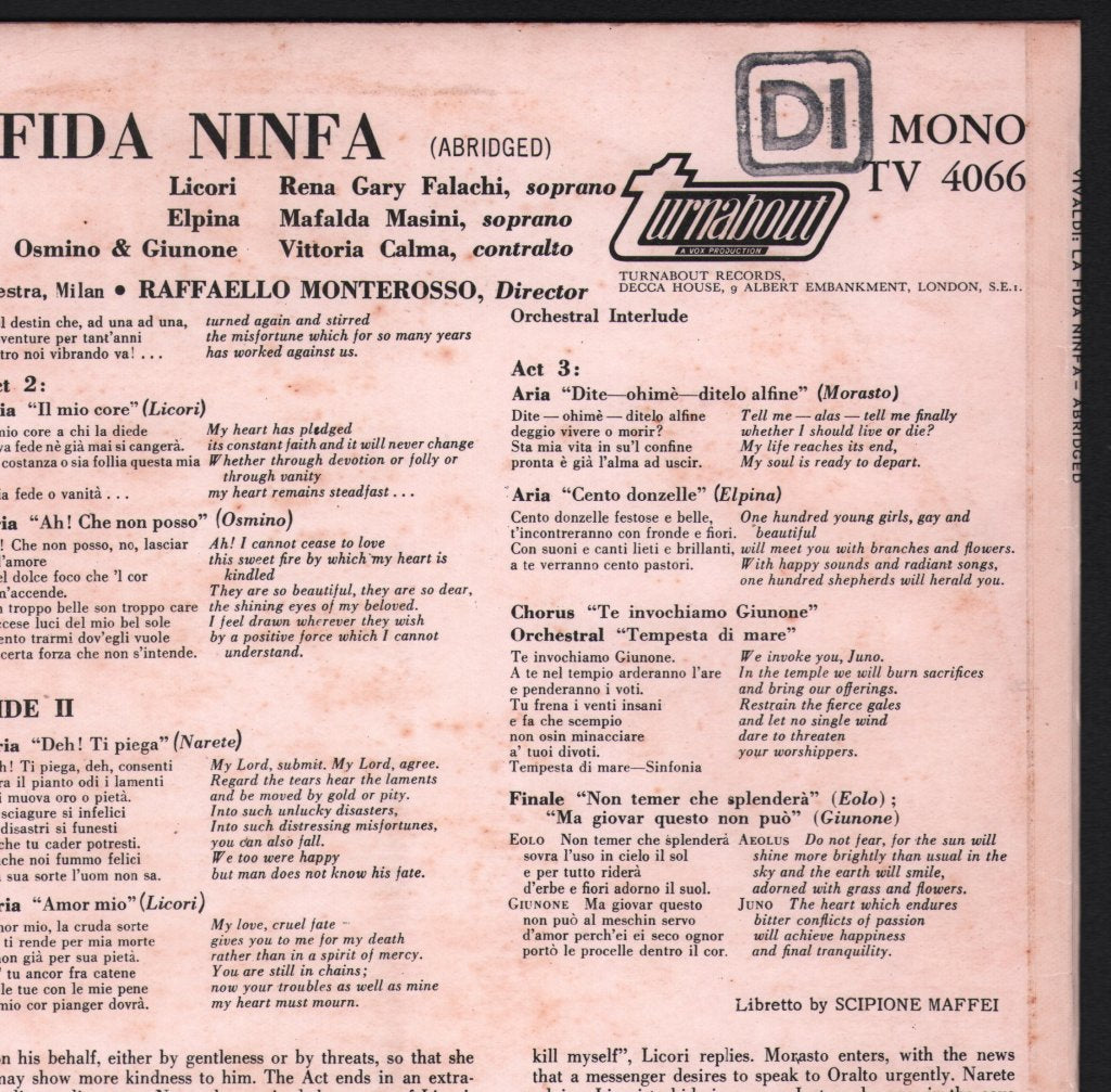 Raffaello Monterosso / Chamber Orchestra / Members Of The Opera, Milan - Vivaldi - La Fida Ninfa (Abridged) - Lp