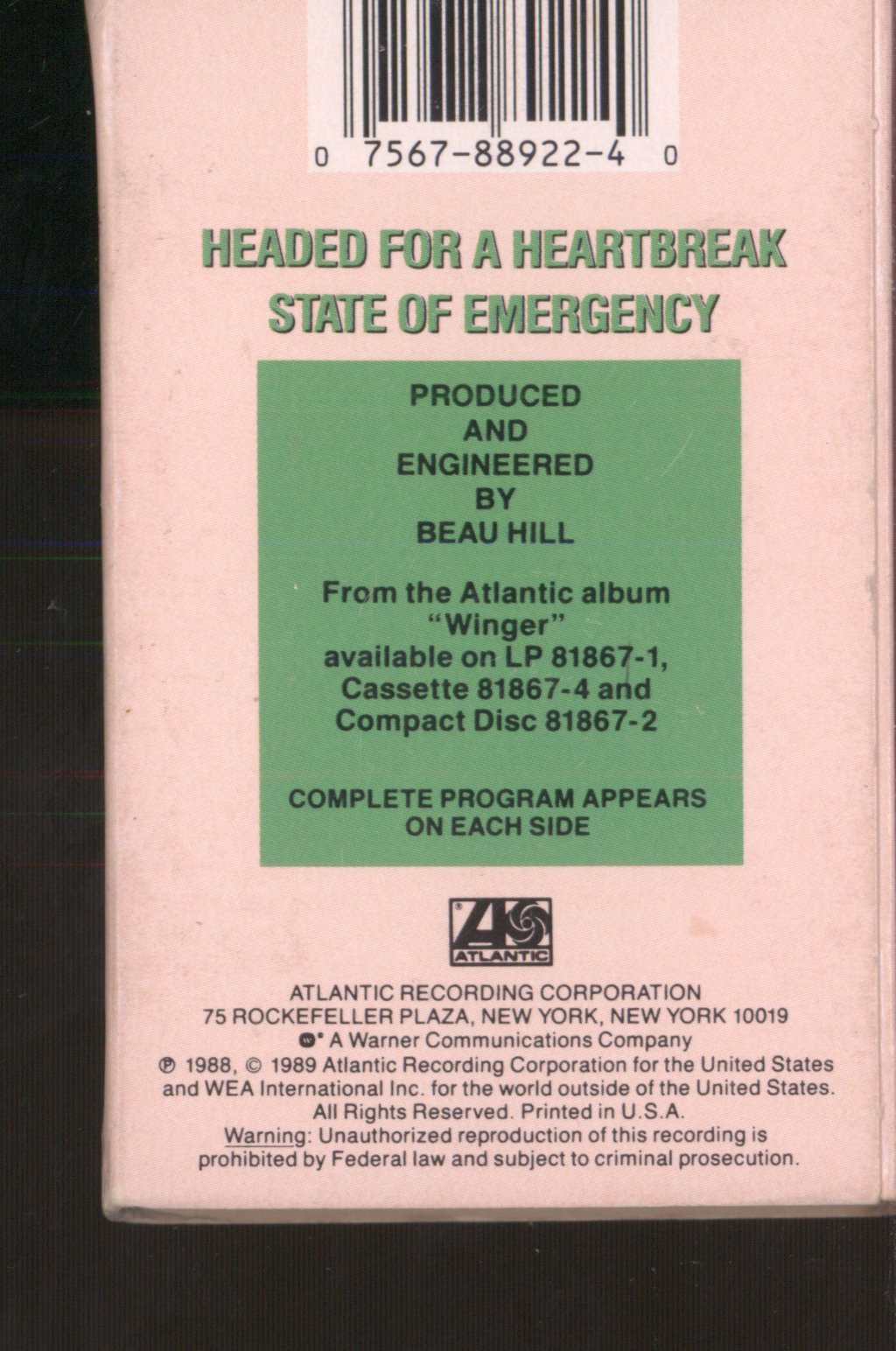Winger - Headed For A Heartbreak - Cassette