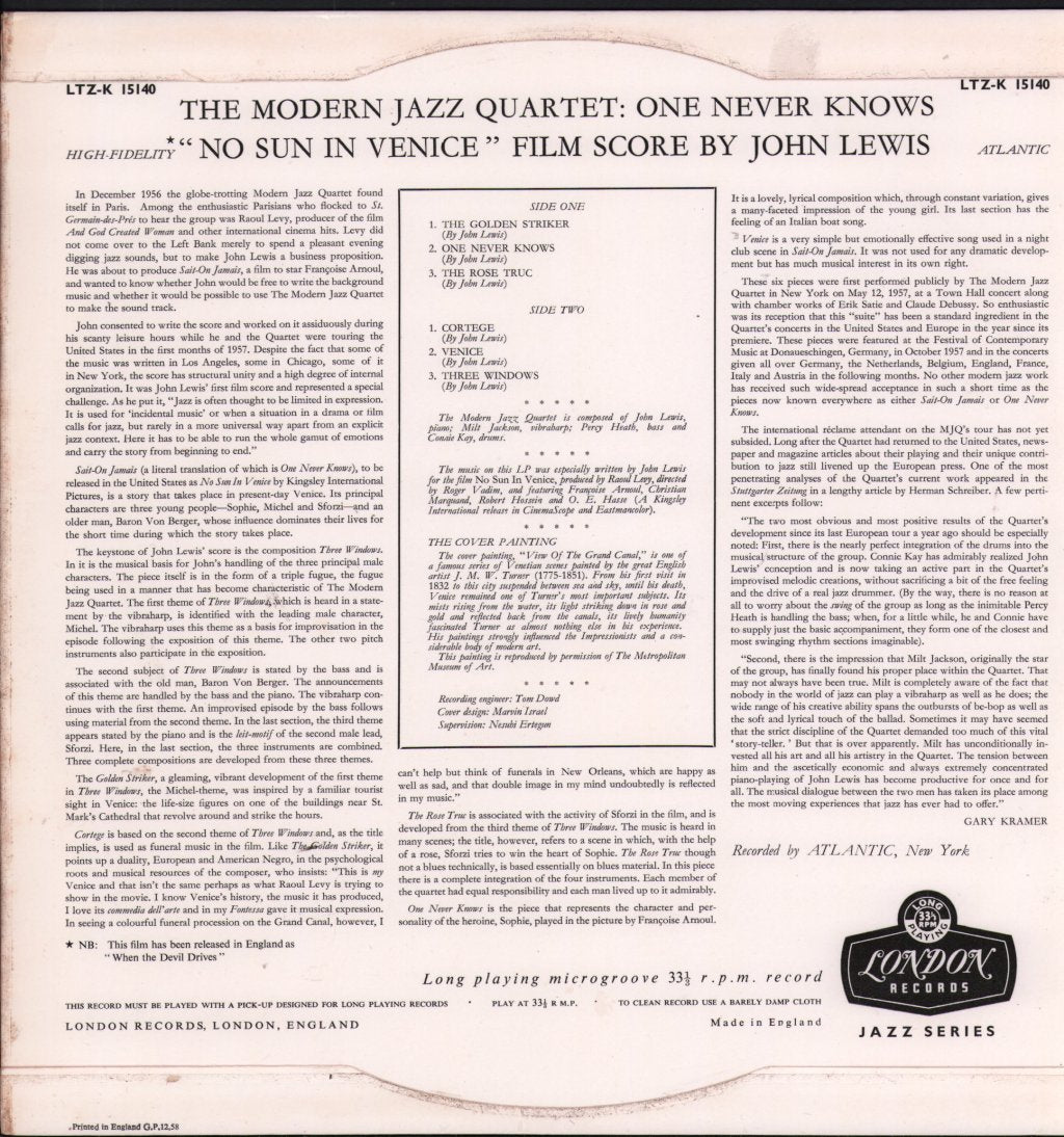 Modern Jazz Quartet - Plays One Never Knows (Original Film Score For “No Sun In Venice” by John Lewis) - Lp