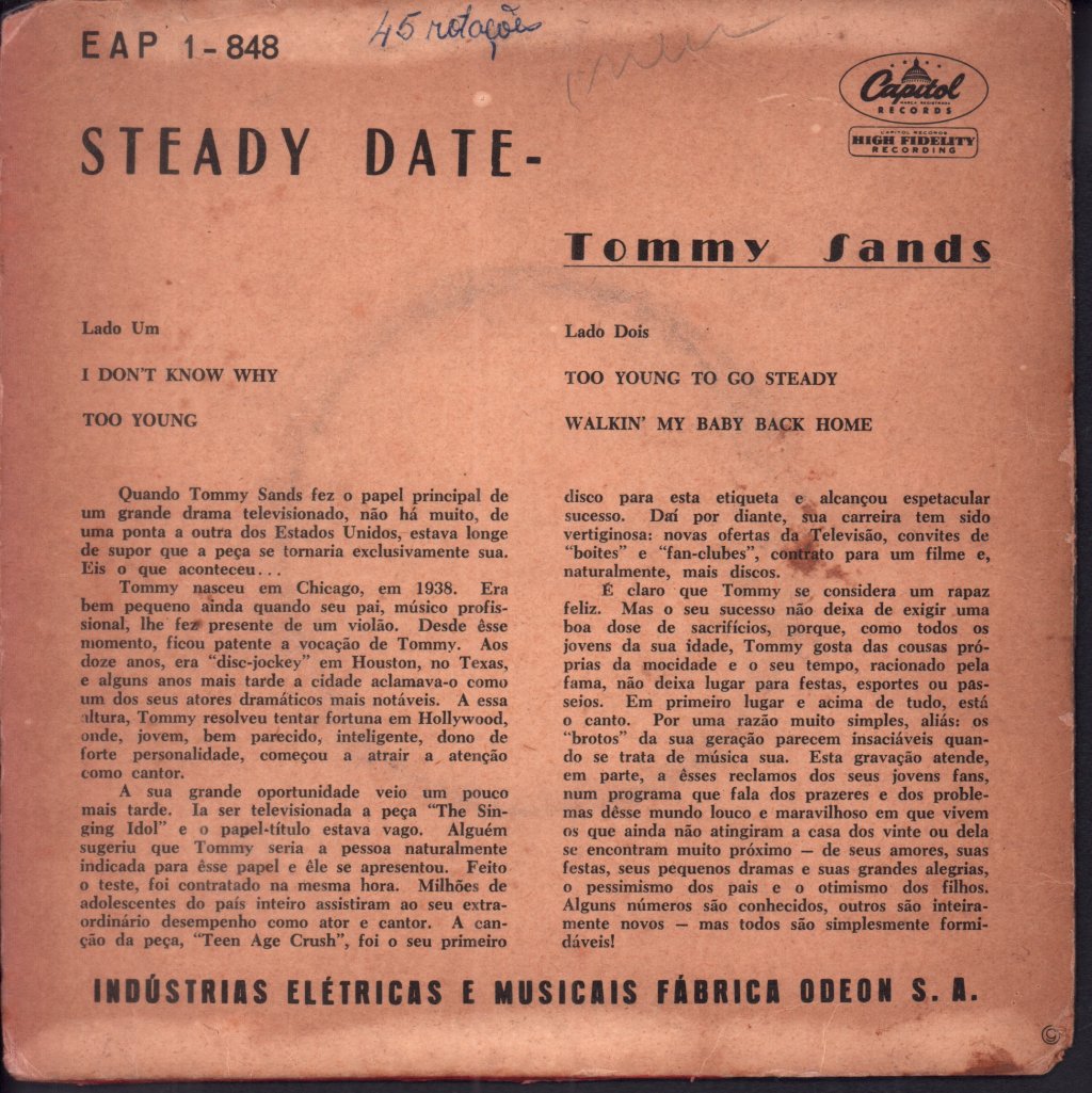 Tommy Sands - Steady Date - 7 Inch