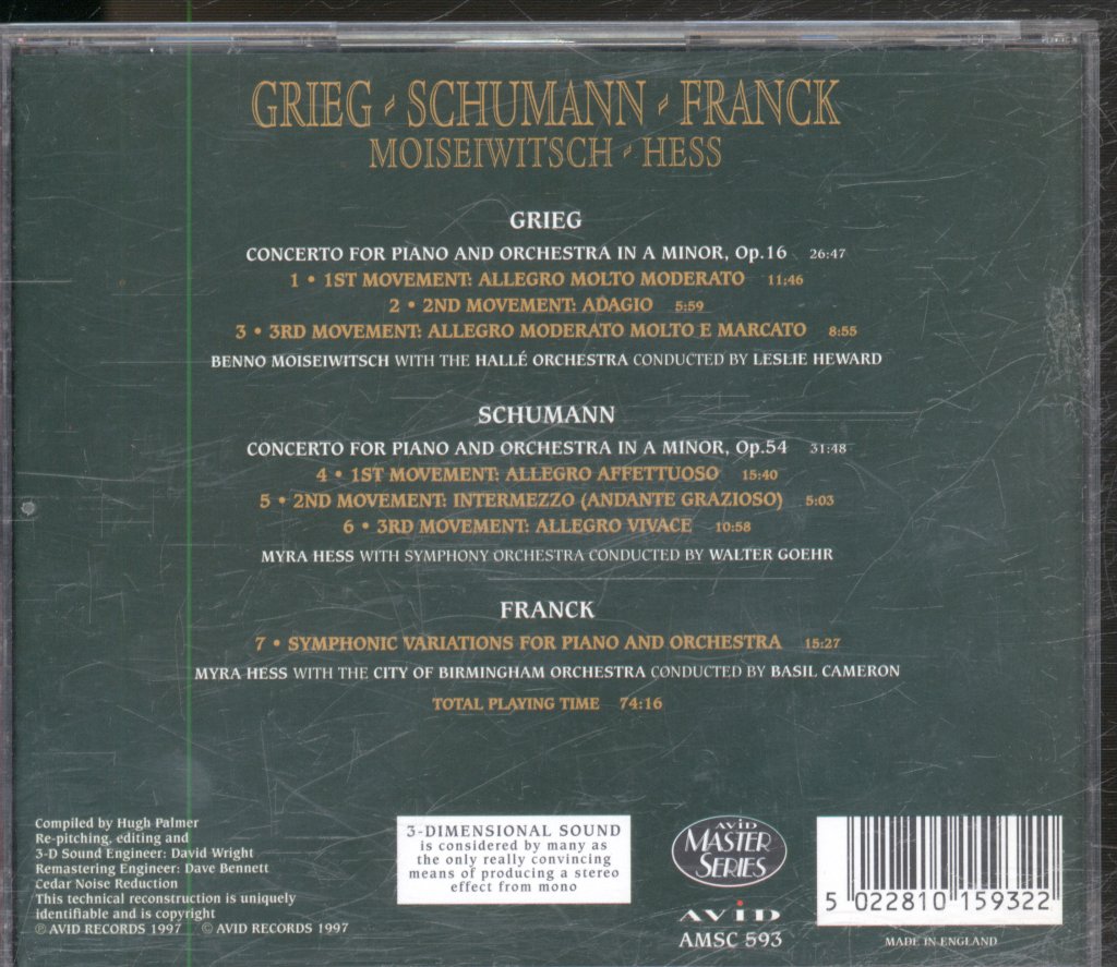 Benno Moiseiwitsch / Myra Hess - Grieg / Schumann / Franck Piano Concertos - Cd