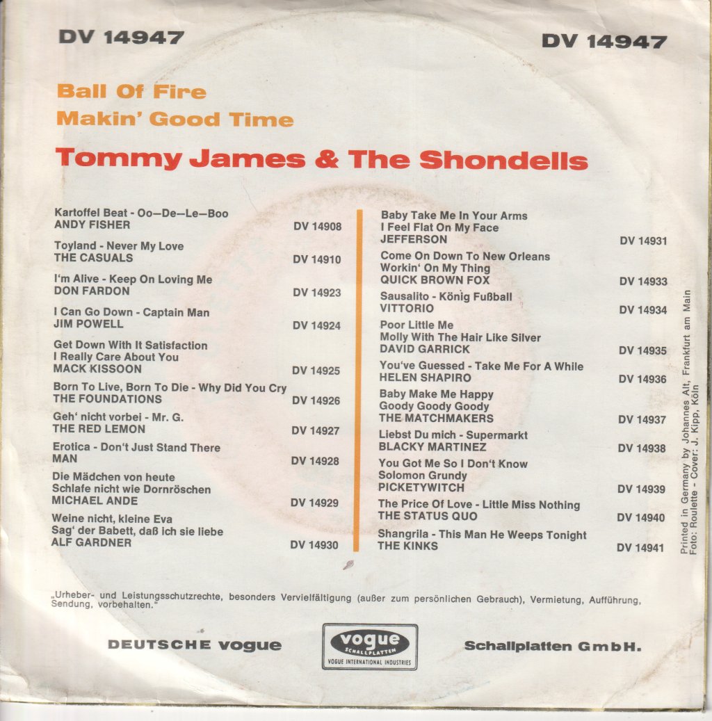 Tommy James & The Shondells - Ball Of Fire - 7 Inch