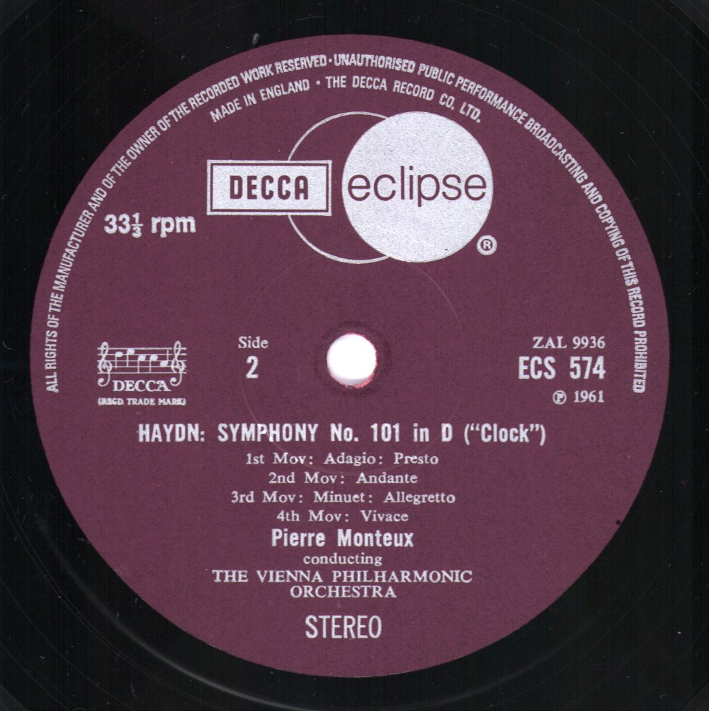 Pierre Monteux / Vienna Philharmonic Orchestra - Haydn - Symphony No. 94 In G  'Surprise'  / Symphony No. 101 In D  'Clock' - Lp