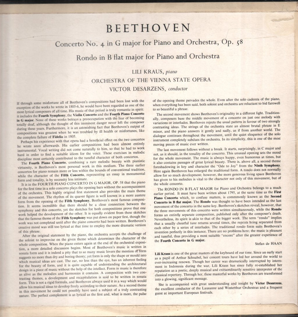 Lili Kraus - Beethoven - Piano Concerto No. 4 in G Major - Lp