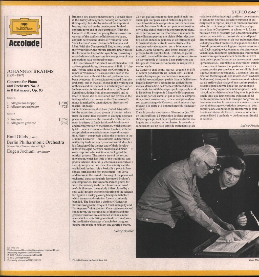 Emil Gilels / Philharmonic Orchestra / Eugen Jochum - Johannes Brahms - Piano Concerto No 2 - Lp