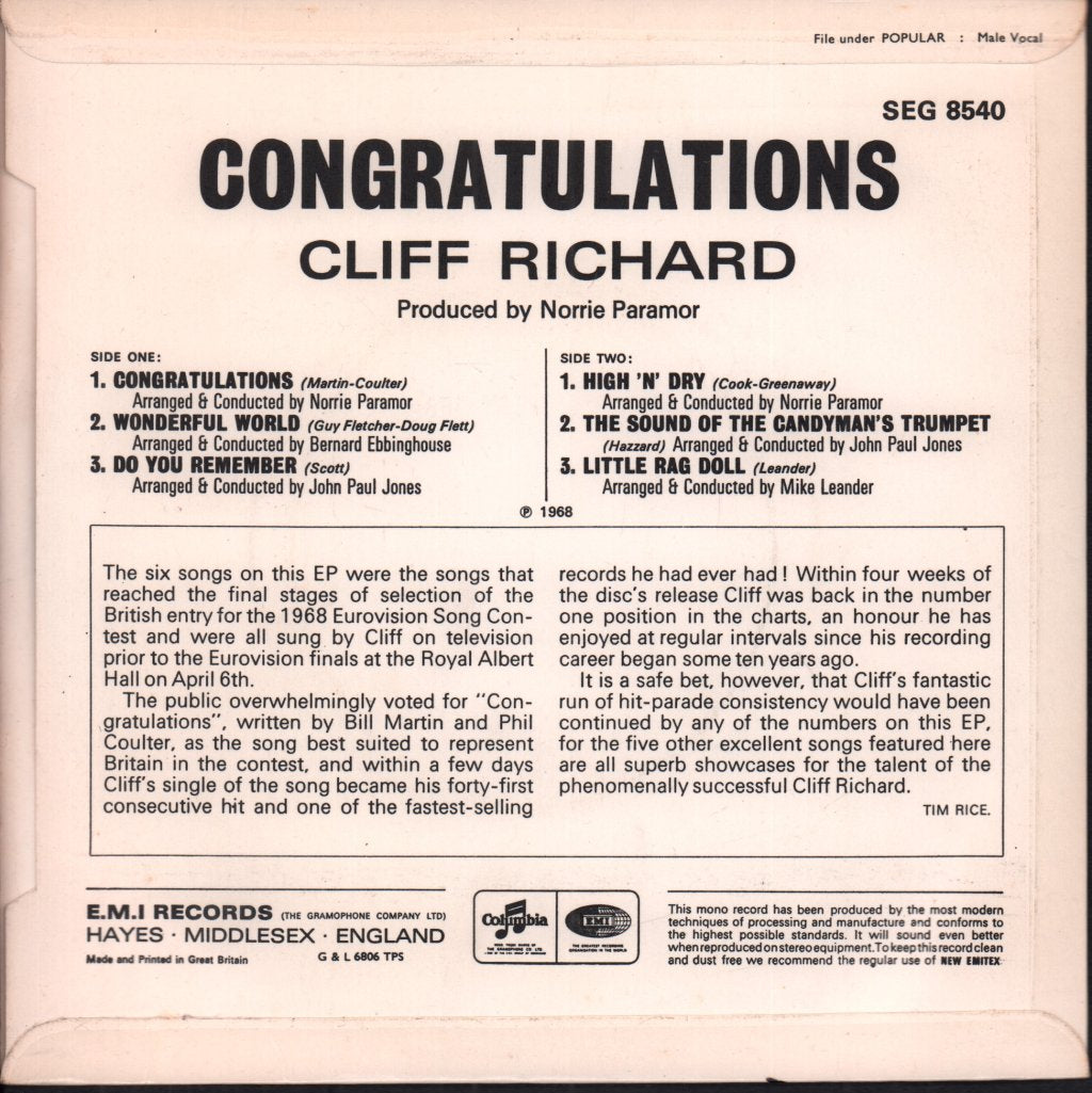 Cliff Richard - Congratulations - 7 Inch