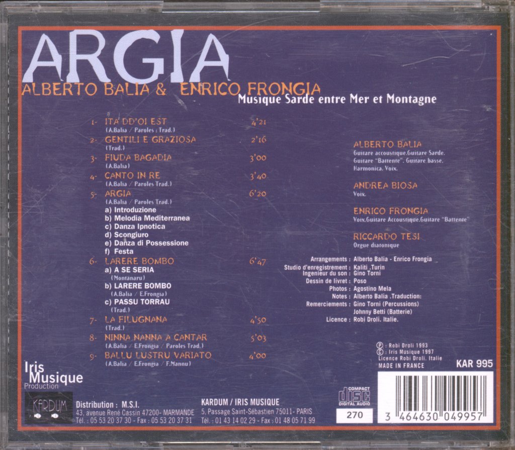Alberto Balia Enrico Frongia - Argia (Musique Sarde entre Mer et Montagne) - Cd