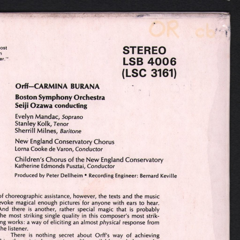 Seiji Ozawa / Boston Symphony Orchestra / Evelyn Mandac / Stanley Kolk / Sherrill Milnes - Carl Orff - Carmina Burana - Lp