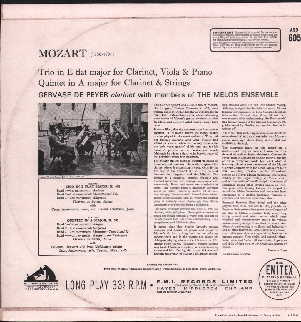 Gervase de Peyer with members of the Melos Ensemble - Mozart - Trio In E Flat Major, K.498 / Quintet In A Major, K.581 - Lp