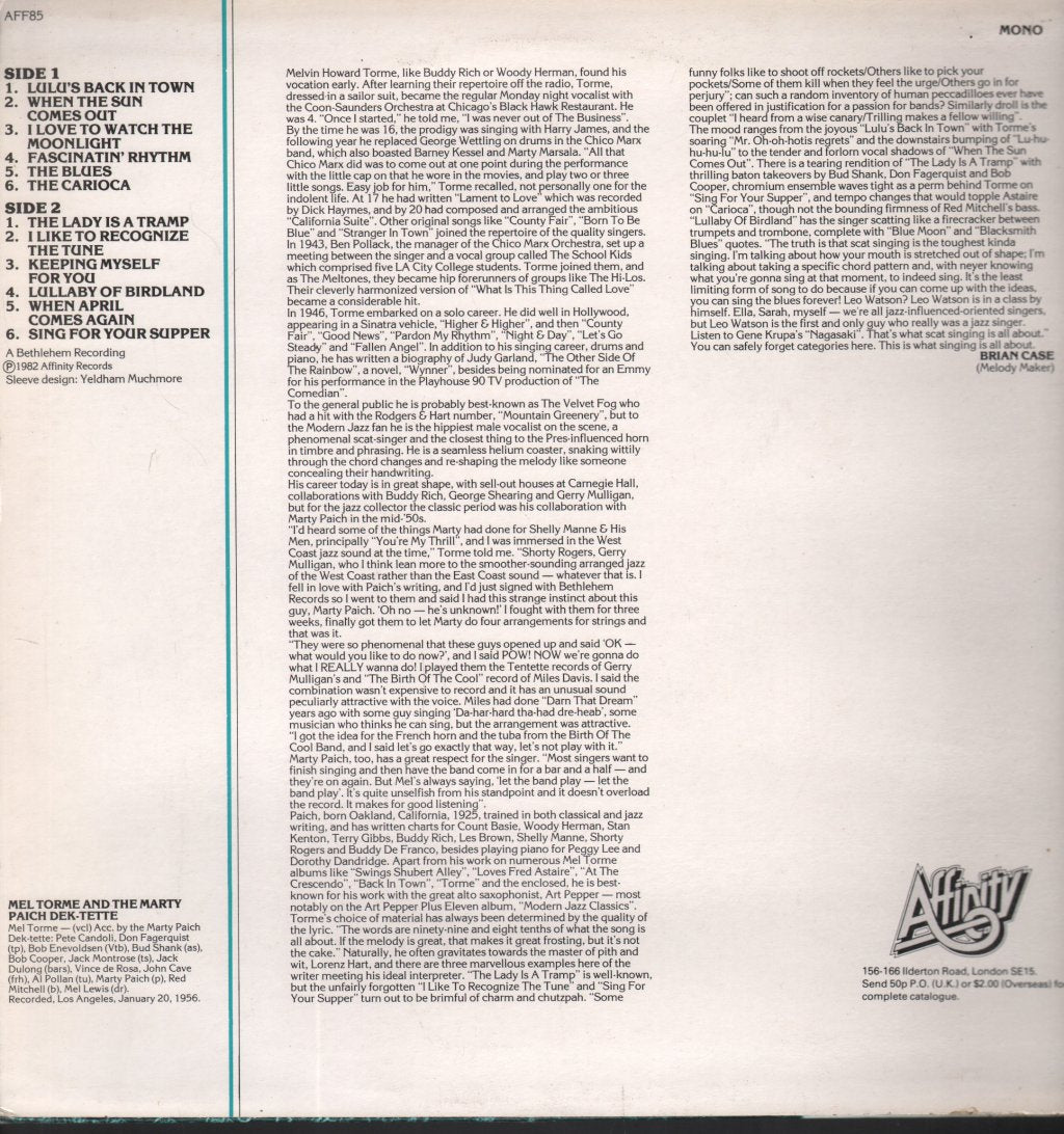Mel Torme And The Marty Paich Dek-Tette - Lulu's Back In Town - Lp