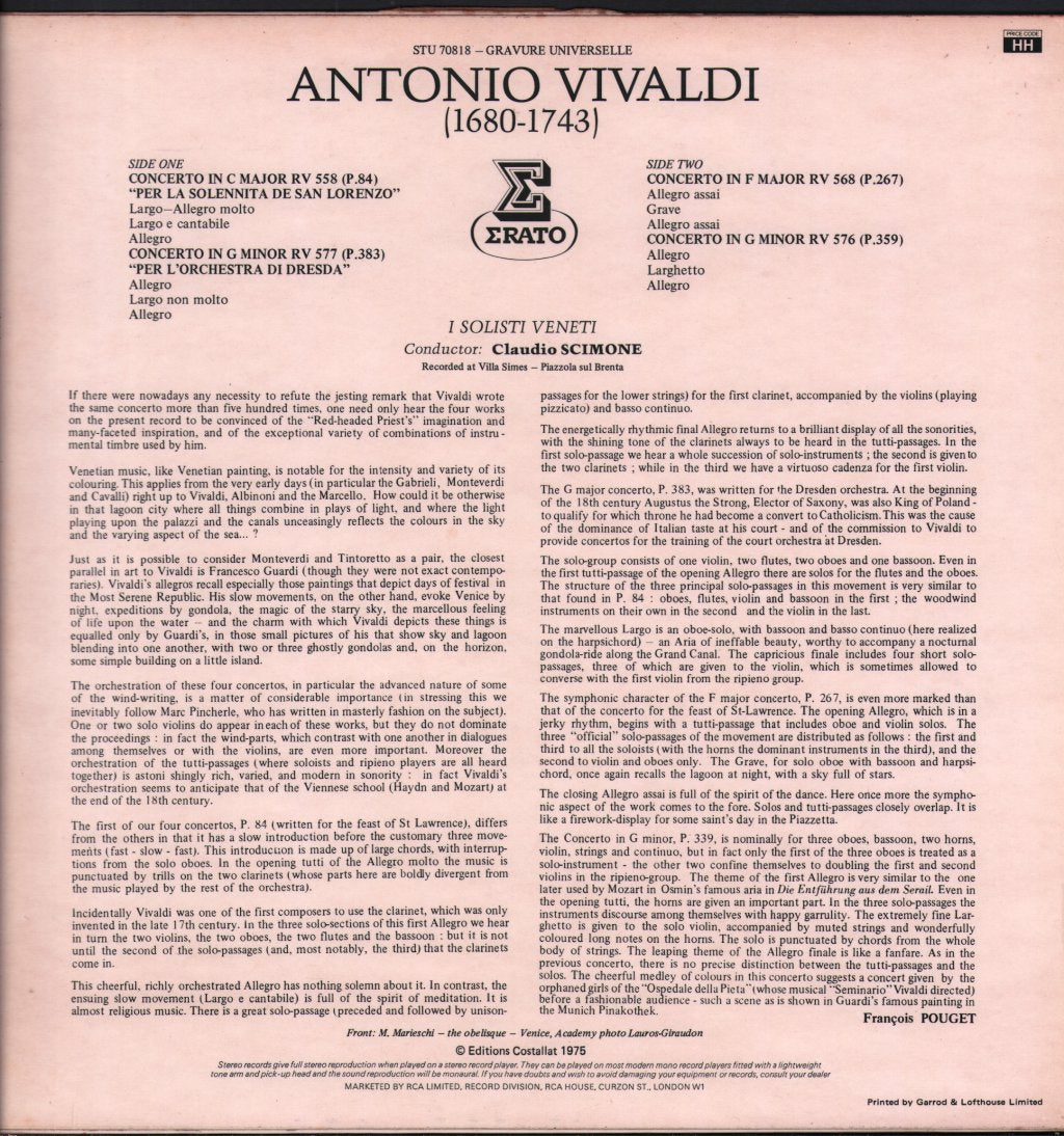 I Solisti Veneti / Claudio Scimone - Vivaldi - Four Concertos - Lp