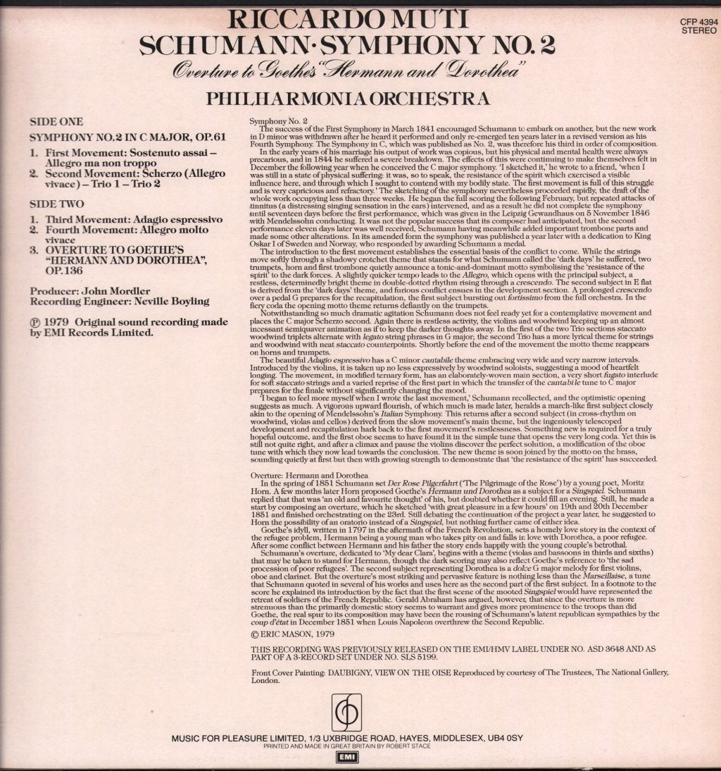 Riccardo Muti / Philharmonia Orchestra - Schumann - Symphony No. 2  / Overture To Goethe's "Hermann And Dorothea" - Lp