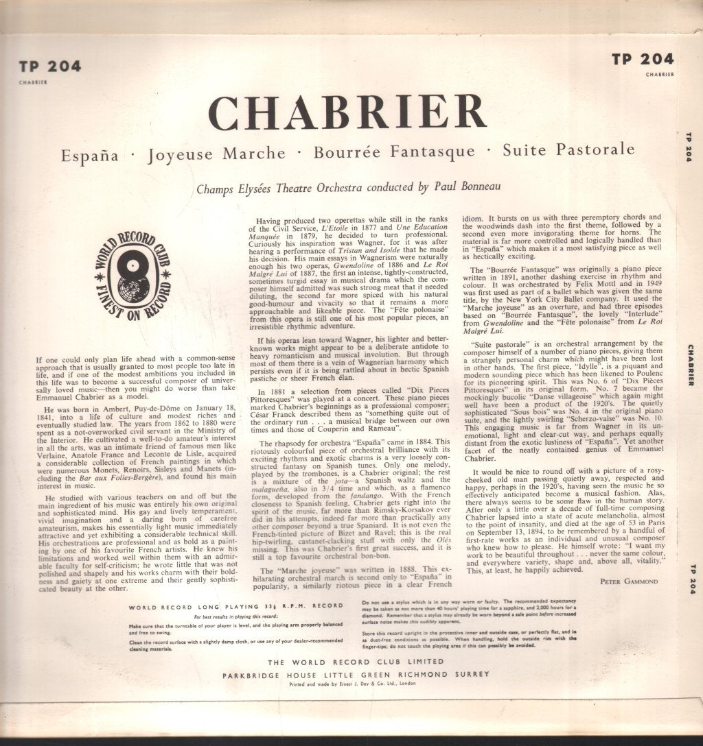 Champs-Elysees Theatre Orchestra / Paul Bonneau - Chabrier - Espana / Joyeuse Marche / Suite Pastorale / Bourée Fantasque - Lp