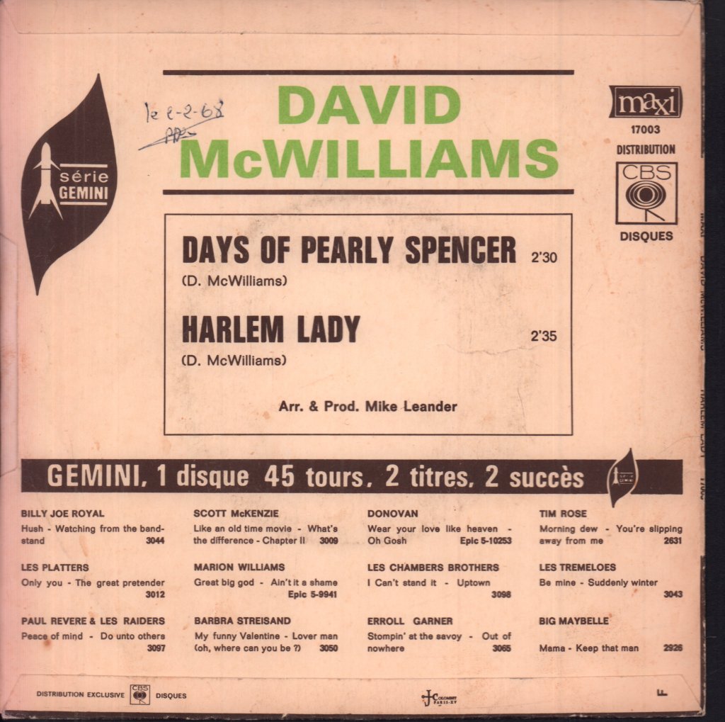 David Mcwilliams - Days Of Pearly Spencer / Harlem Lady - 7 Inch