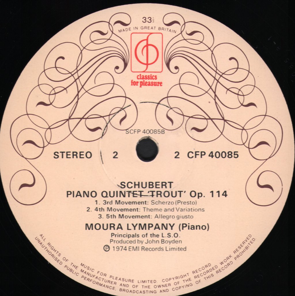 Moura Lympany / Principals Of The London Symphony Orchestra - Schubert Trout Quintet - Lp