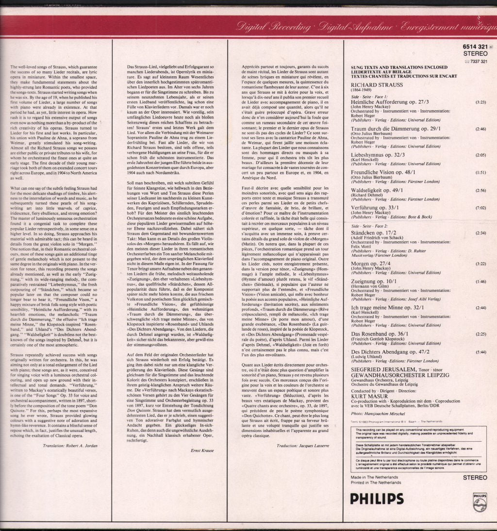 Siegfried Jerusalem / Kurt Masur / Gewandhausorchester Leipzig - Richard Strauss Orchestral Songs - Lp