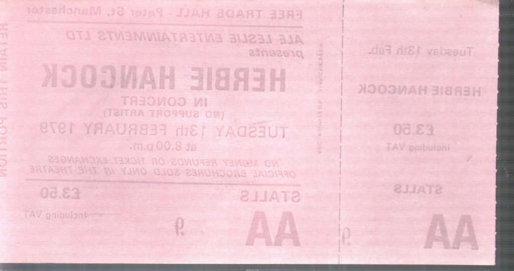 Herbie Hancock - Free Trade Hall Manchester 13Th Feb 1979 - Ticket