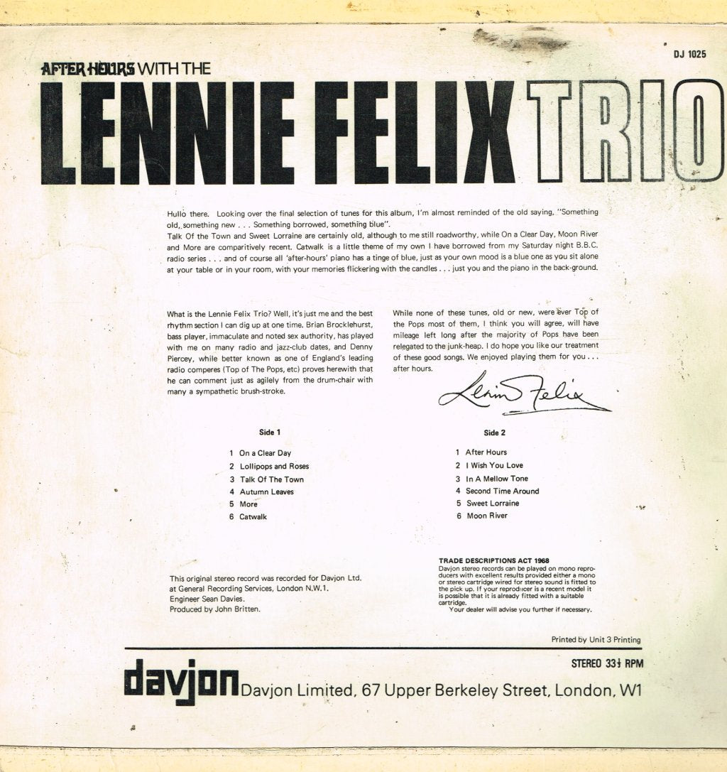 Lennie Felix Trio - After Hours - Lp