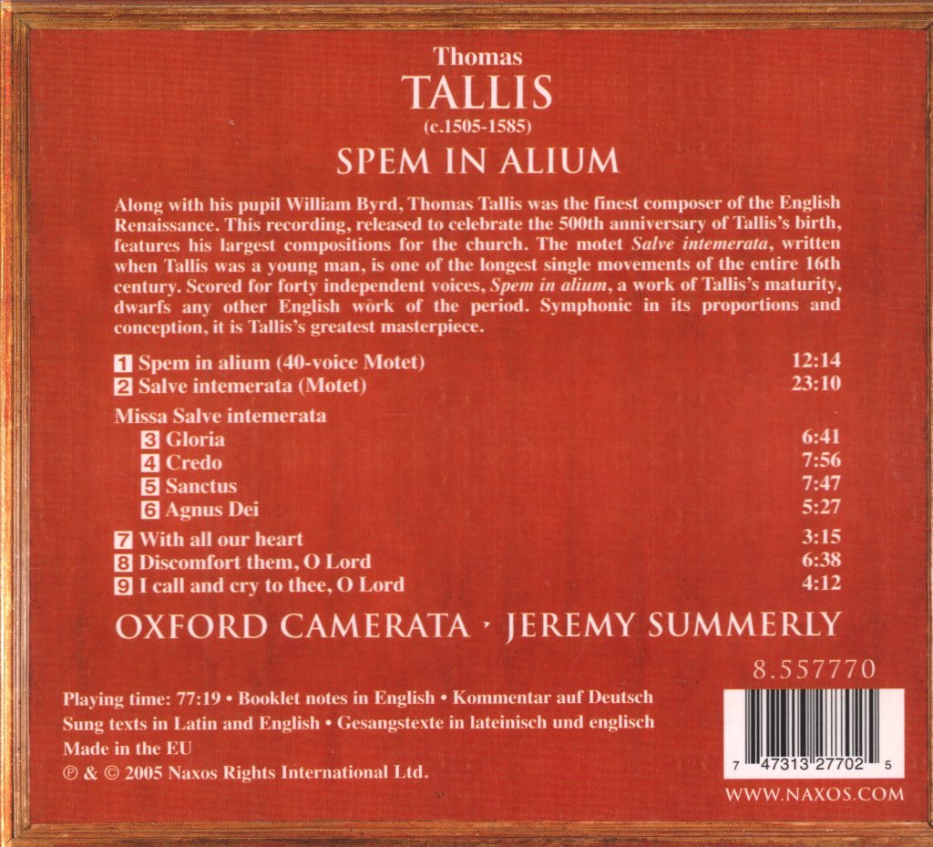 Oxford Camerata, Jeremy Summerly - Thomas Tallis - Spem In Alium / Missa Salve Intemerata - Cd
