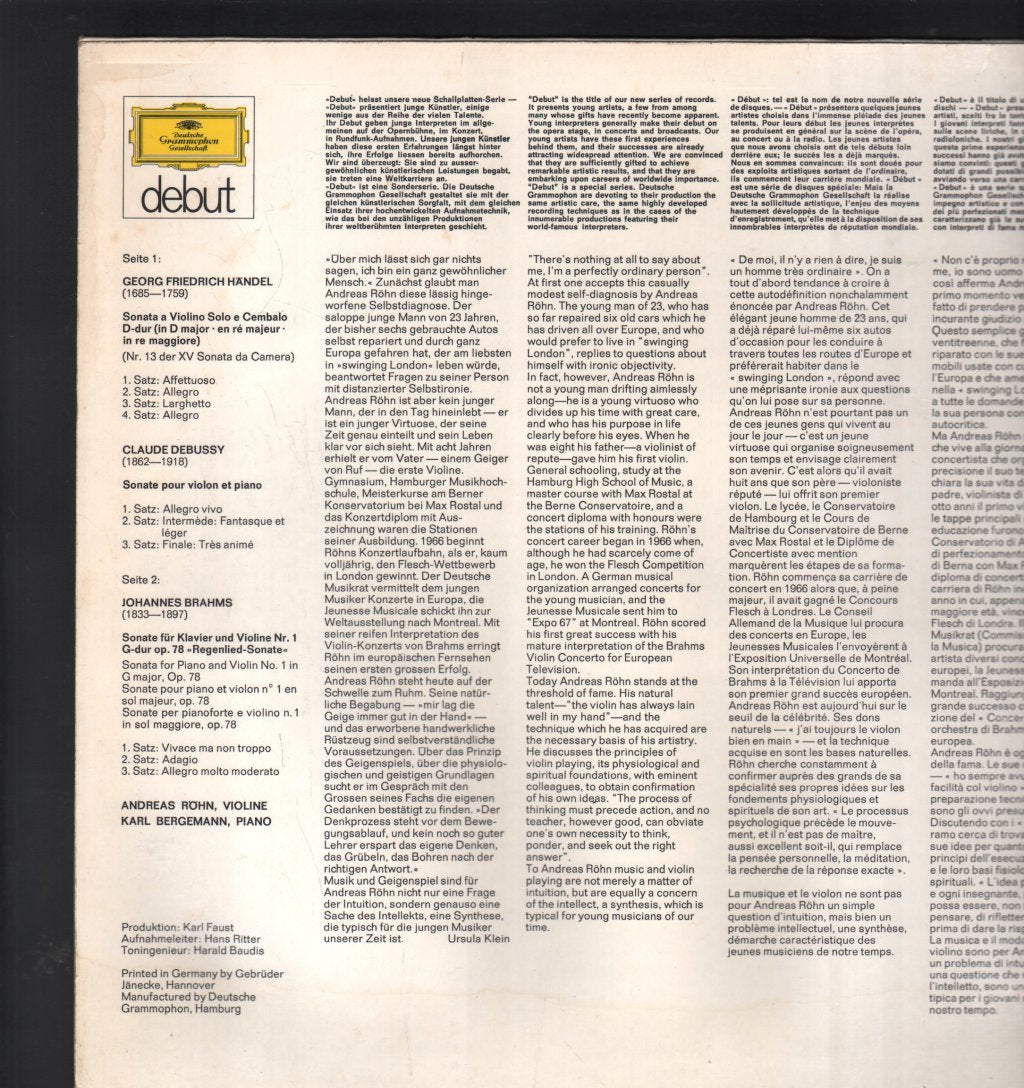 Andreas Rohn / Karl Bergemann - Handel Debussy Brahms - Lp