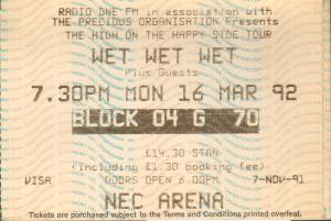 Wet Wet Wet - Birmingam Nec Arena 16/03/92 - Ticket