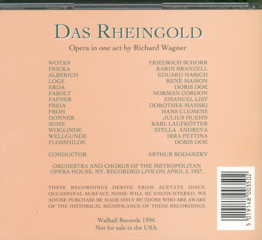 Orchestra And Chorus Of Metropolitan Oper House NY, Arthur Bodanzky - Wagner - Das Rheingold - Triple Cd