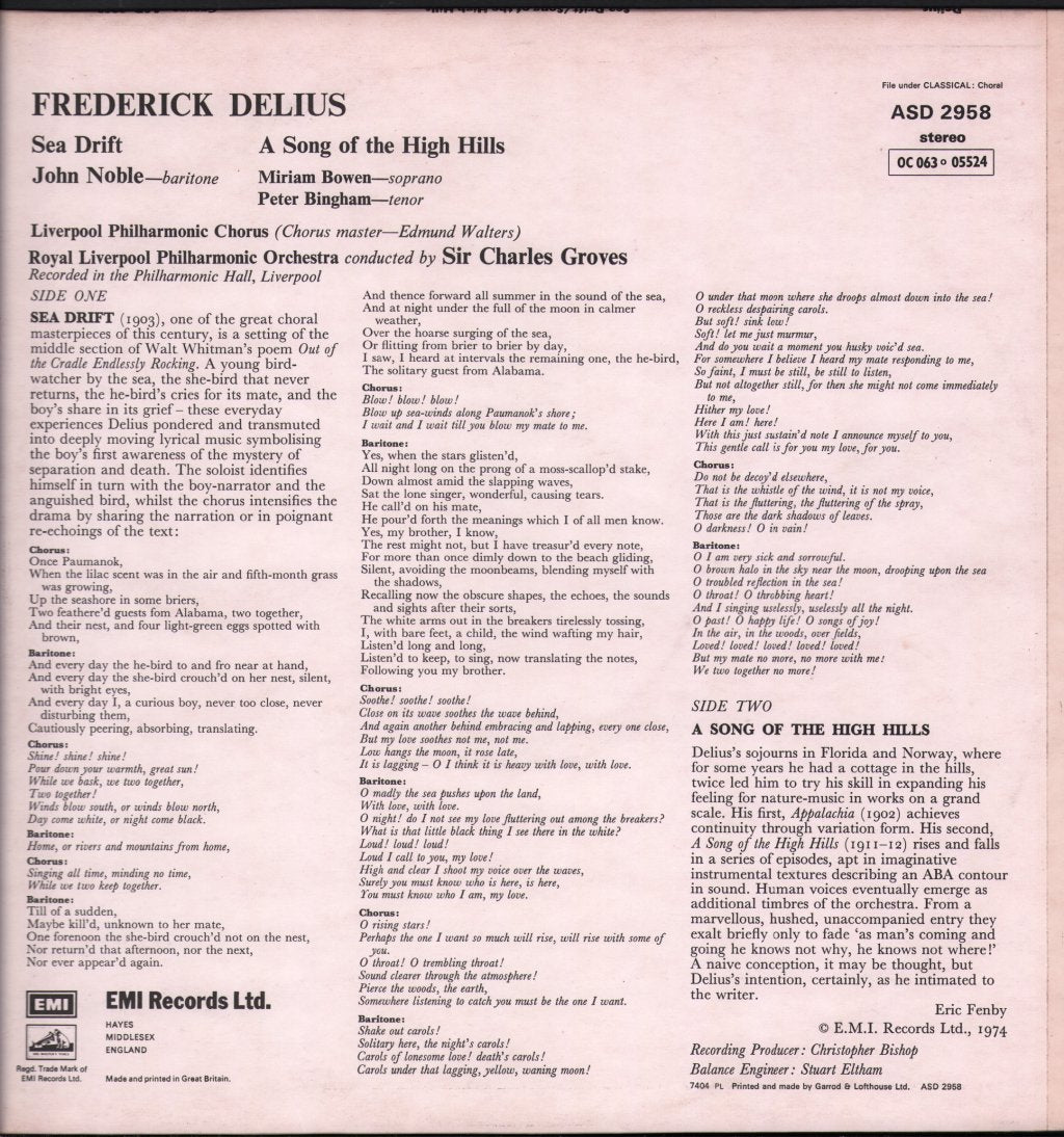 Sir Charles Groves / Royal Liverpool Philharmonic Orchestra / John Noble - Delius - Sea Drift - Lp