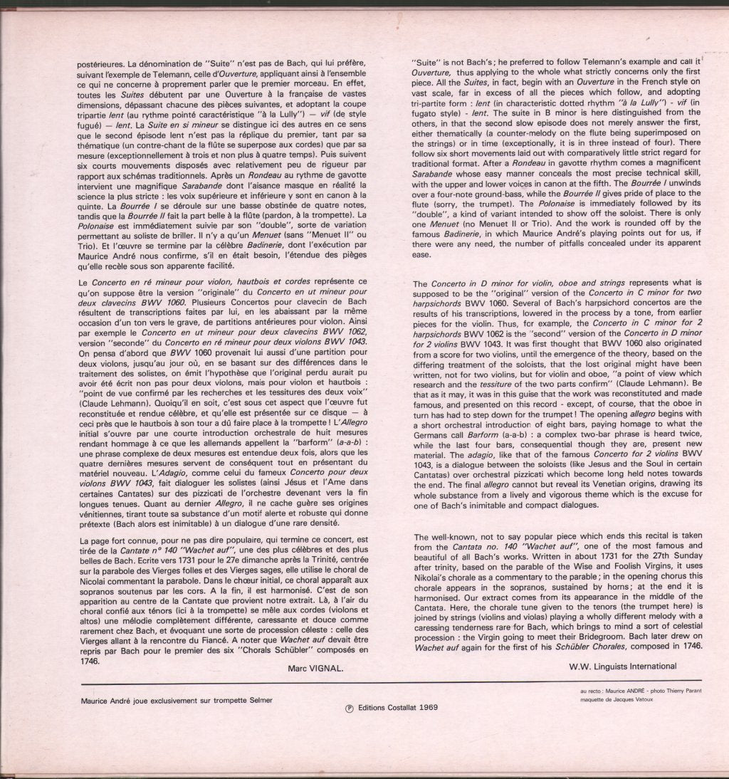 Maurice Andre / Huguette Fernandez / Orchestre De Chambre Jean-Francois Paillard - J.S.Bach - Suite En Si Mineur / Concerto Pour Violon & Trompette - Lp