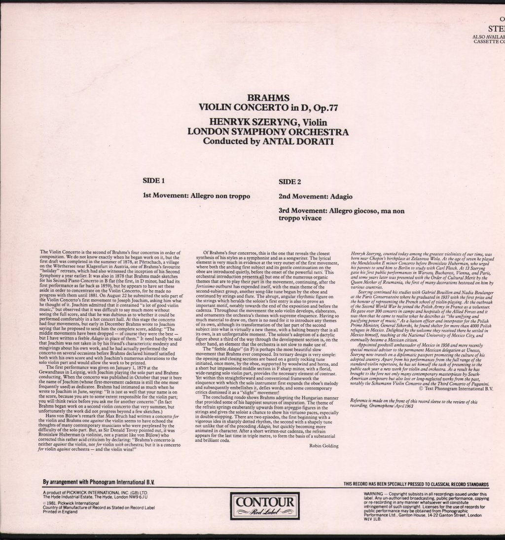 Henryk Szeryng / Antal Dorati / London Symphony Orchestra - Brahms - Violin Concerto - Lp