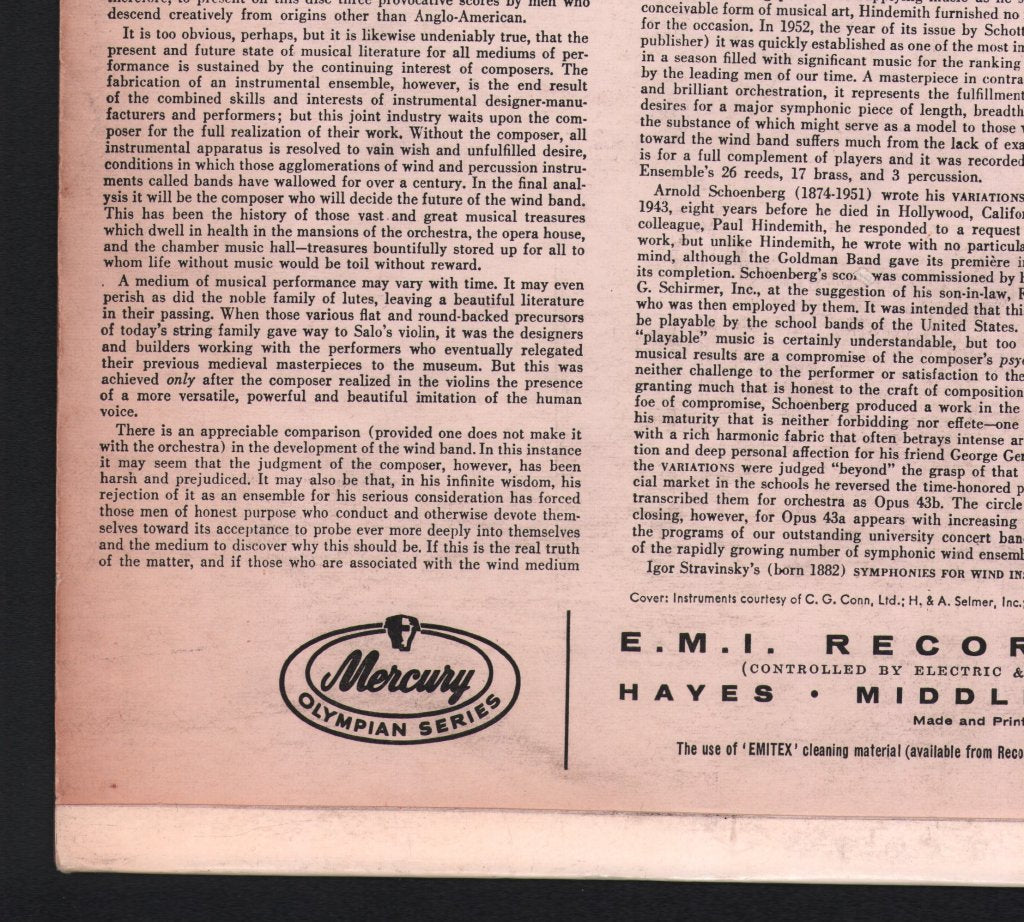 Frederick Fennell / Eastman Wind Ensemble - Hindemith - Symphony In B-Flat / Schoenberg - Theme And Variations / Stravinsky Symphonies Of Wind Instruments - Lp