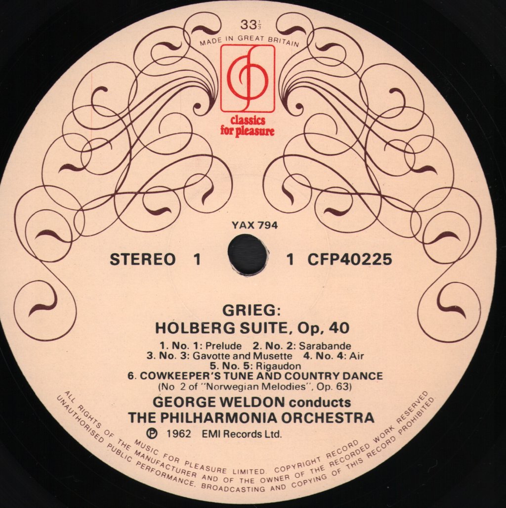 George Weldon / Philharmonia Orchestra - Grieg - Holberg Suite - Lp
