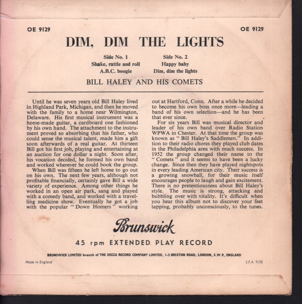 Bill Haley And His Comets - Dim Dim The Lights - 7 Inch