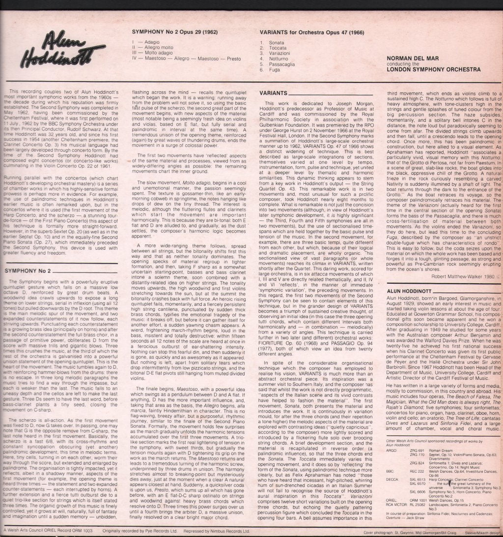 Norman Del Mar / London Symphony Orchestra - Alun Hoddinott - Symphony No. 2 / Variants For Orchestra - Lp