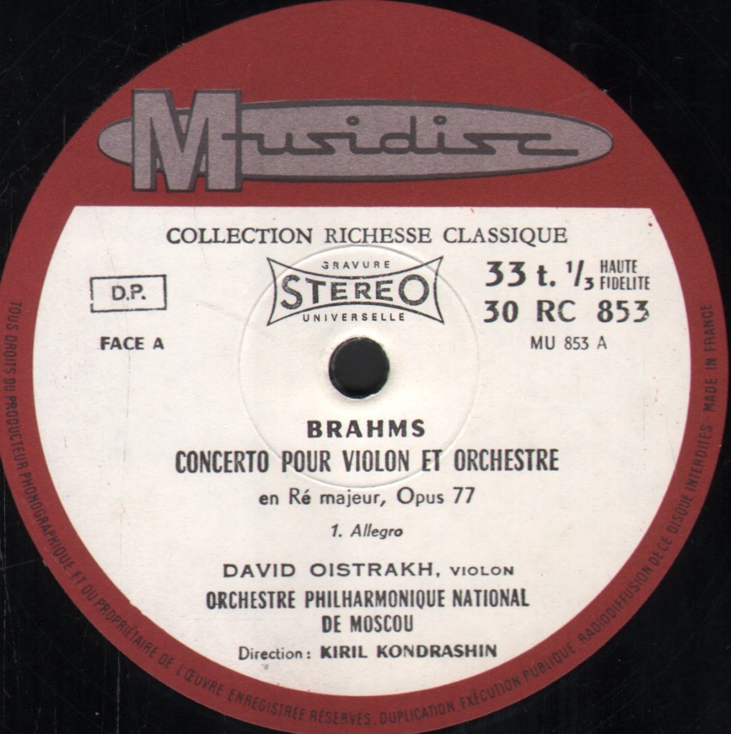 David Oistrakh / Kiril Kondrashin / Orchestre Philharmonique National De Moscou - Brahms - Concerto Pour Violon Et Orchestre En Ré Majeur Opus 77 - Lp