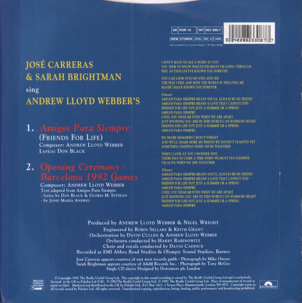 Jose Carreras And Sarah Brightman - Amigos Para Siempre - 7 Inch
