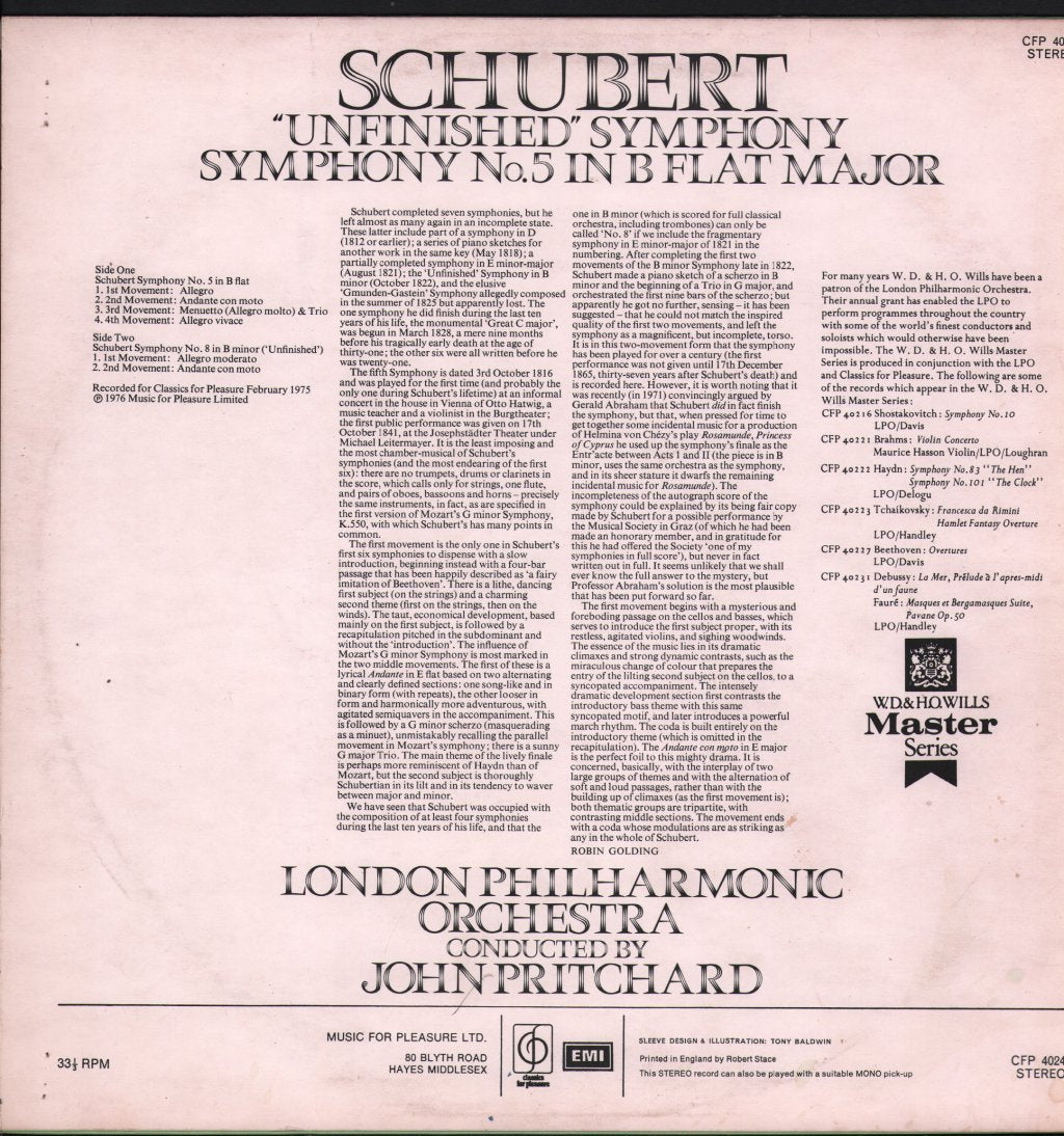 John Pritchard / London Philharmonic Orchestra - Schubert - "Unfinished" Symphony / Symphony No. 5 In B Flat Major - Lp