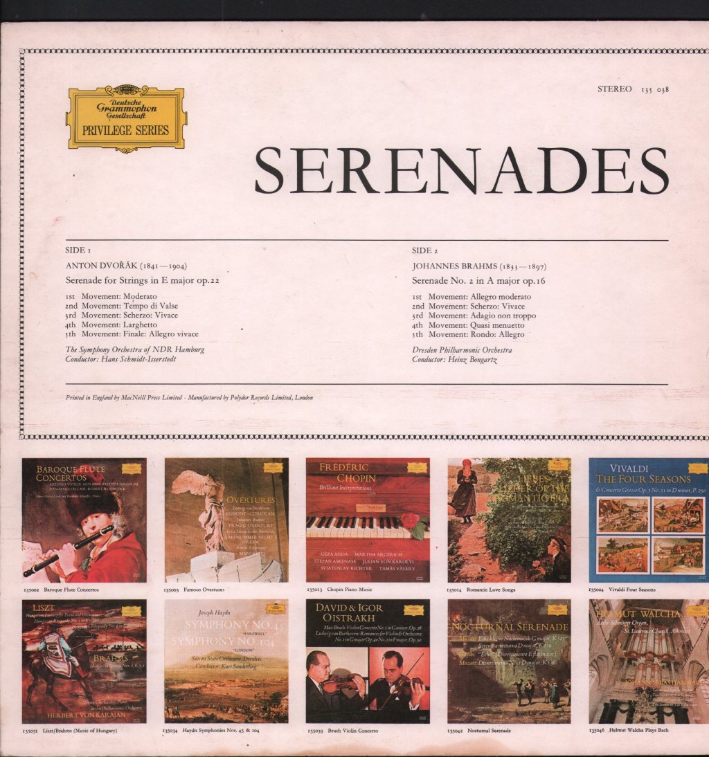 Symphony Orchestra Of NDR Hamburg / Hans Schmidt-Isserstedt / Dresden Philharmonic Orchestra - Serenades - Lp