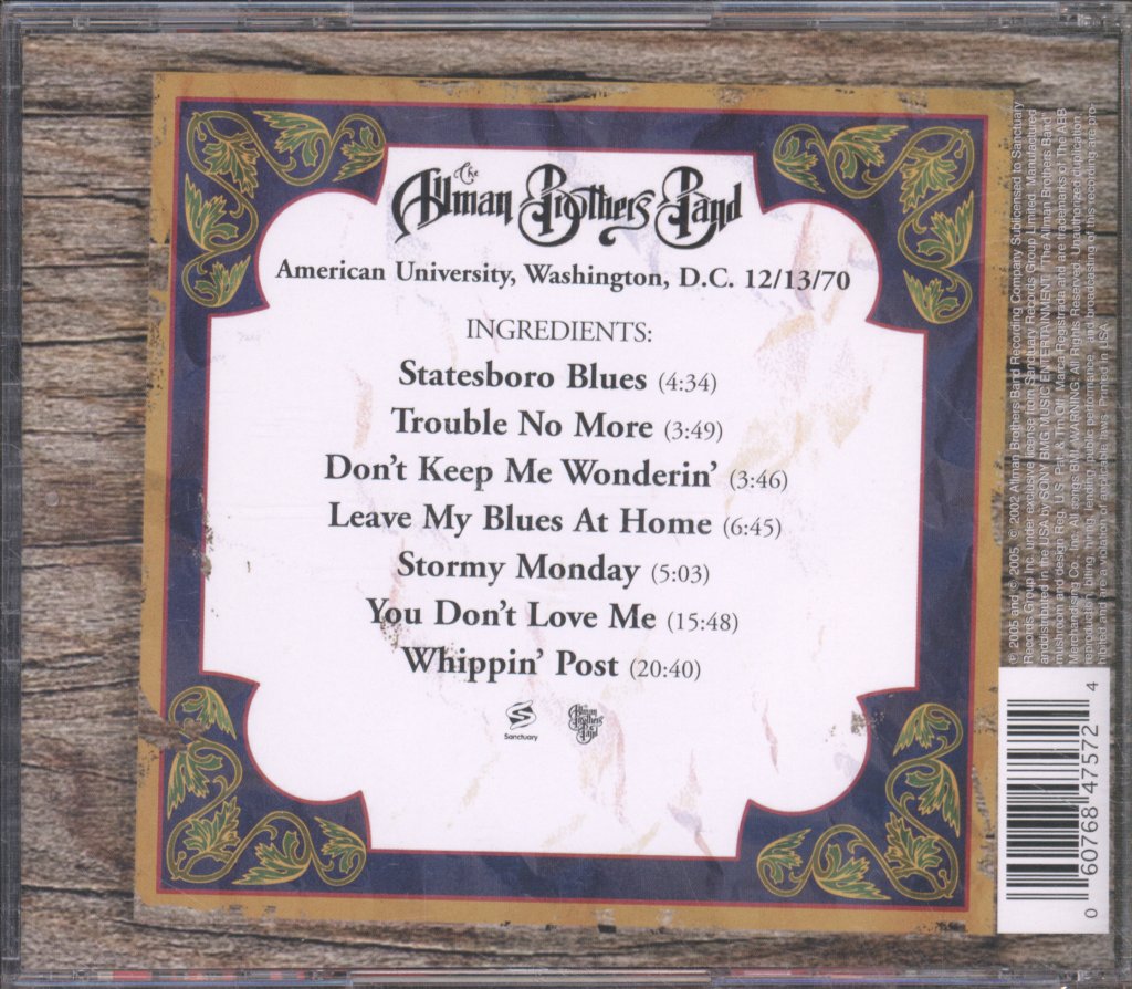 Allman Brothers Band - American University Washington, D.C. 12/13/70 - Cd