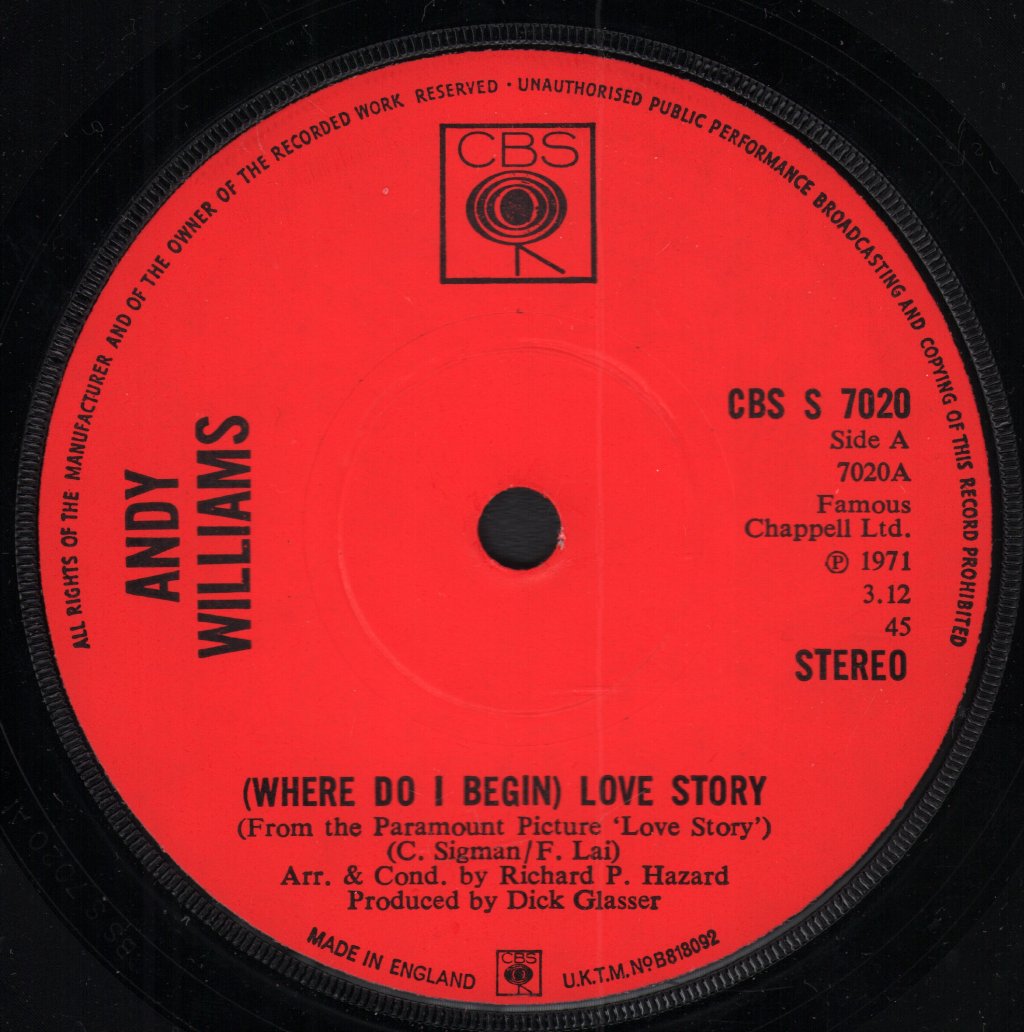 Andy Williams - Where Do I Begin Love Story - 7 Inch