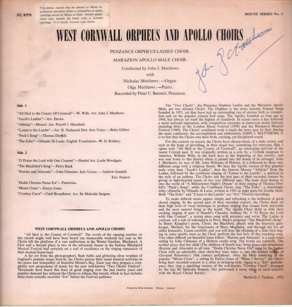 west cornwall orpheus and apollo choirs - Cornwall's Ambassadors Of Song - Lp