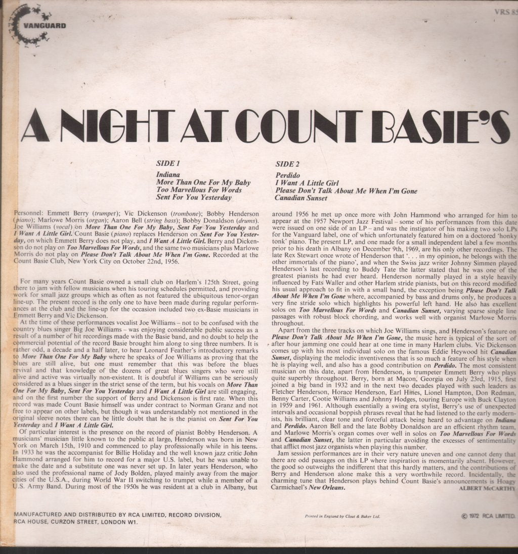 Count Basies All Stars With Joe Williams - A Night At Count Basie's - Lp