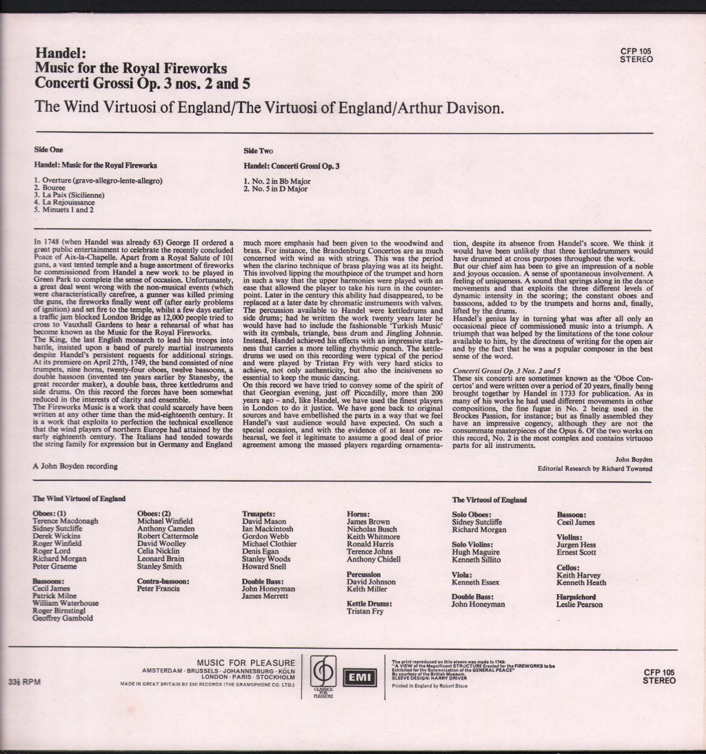 Wind Virtuosi Of England / Virtuosi Of England / Arthur Davison - Handel - Music For The Royal Fireworks / Concerti Grossi Op. 3 Nos. 2 And 5 - Lp