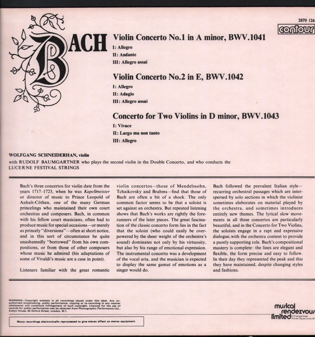 Wolfgang Schneiderhan - Bach - Violin Concerto No1 In A Minor - Lp