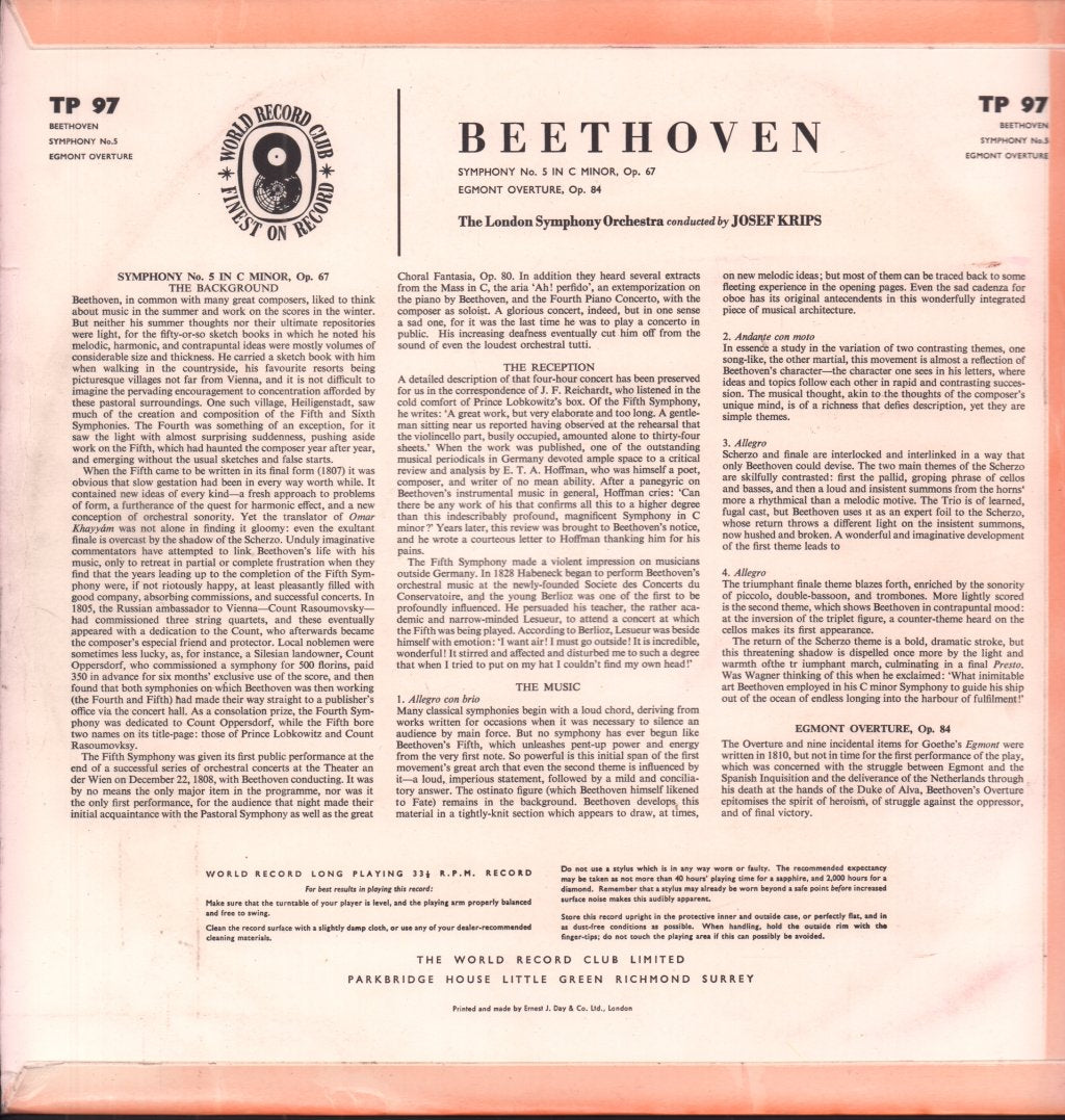 London Symphony Orchestra - beethoven Symphony No. 5 / Egmont Overture - Lp