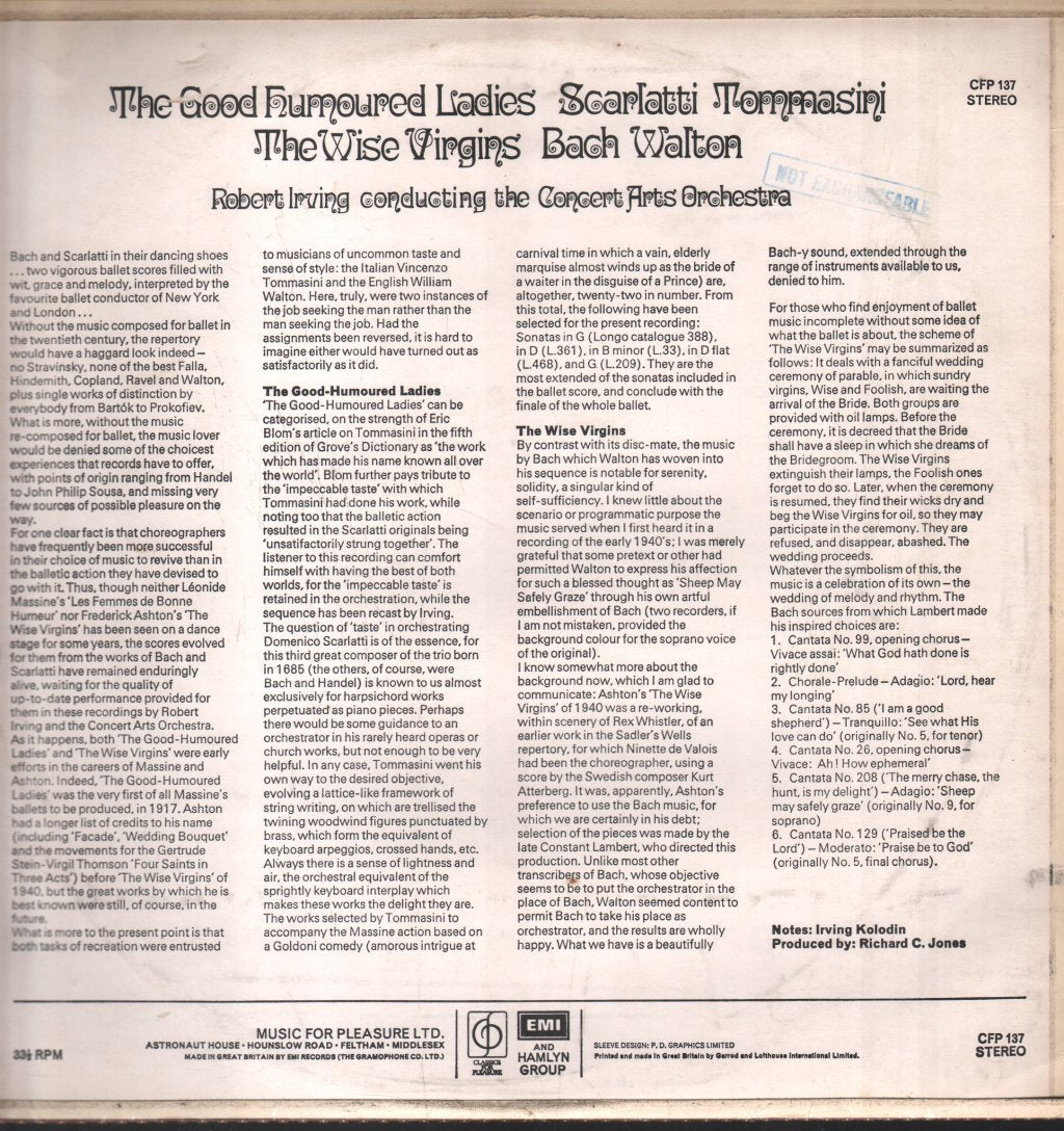 Robert Irving / Concert Arts Orchestra - Scarlatti / Tommasini - Good Humoured Ladies / Bach - The Wise Virgins - Lp