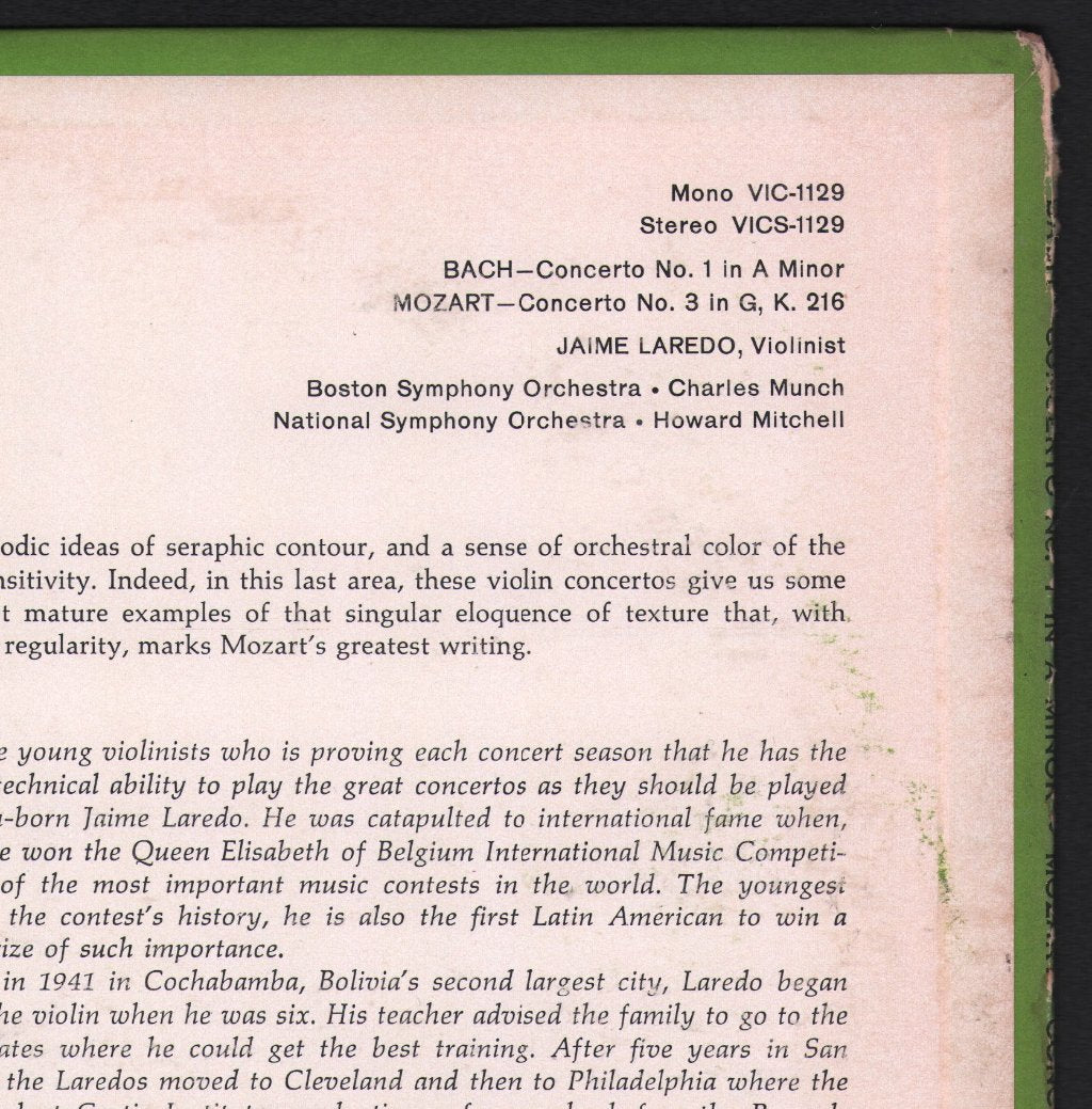 Jaime Laredo / Charles Munch / Boston Symphony Orchestra / Howard Mitchell / National Symphony Orchestra - Bach Violin Concerto No.1 In A Minor / Mozart Violin Concerto No.3 In G - Lp