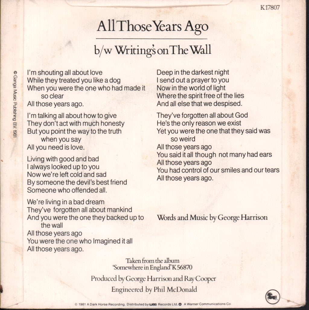 George Harrison - All Those Years Ago - 7 Inch