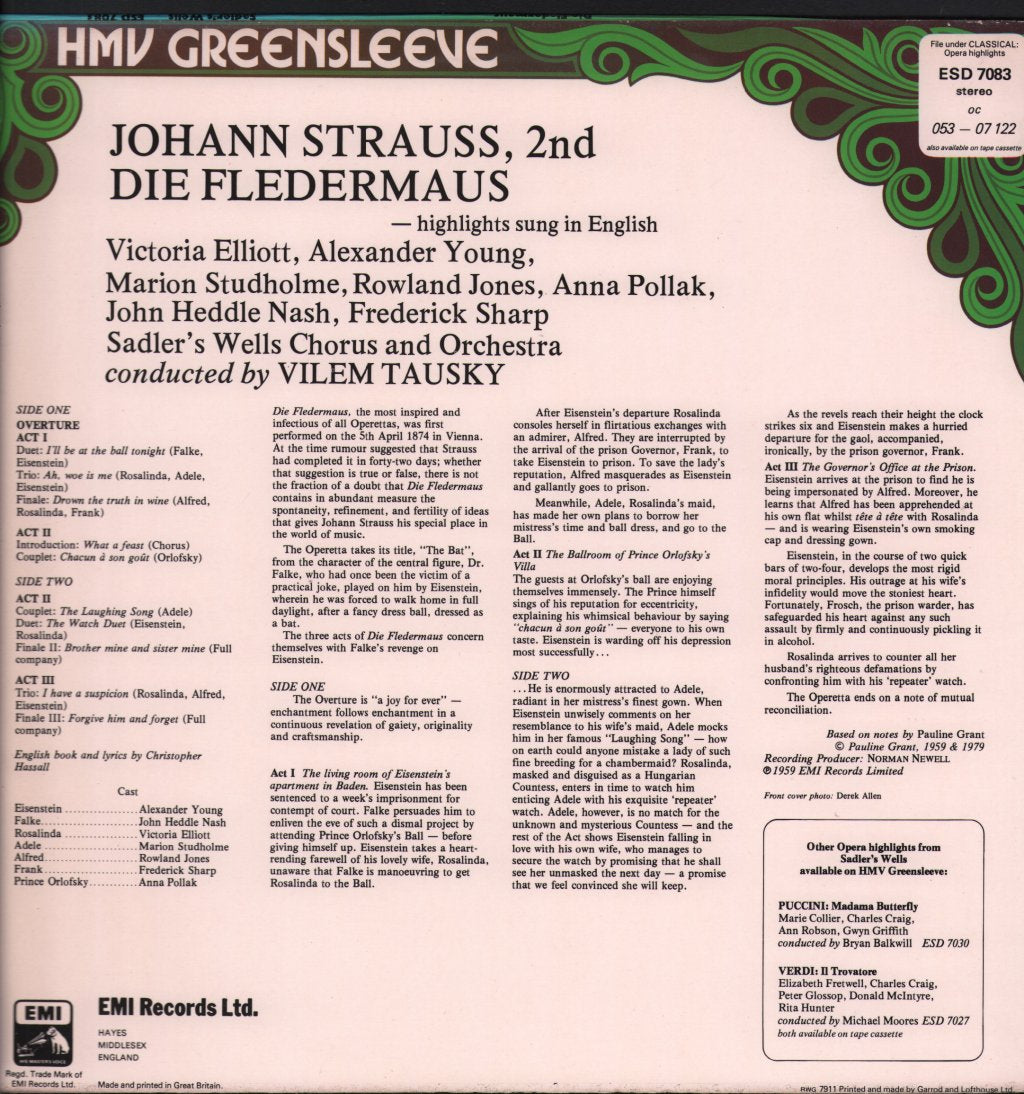 Victoria Elliott / Alexander Young / Sadler's Wells Chorus & Orchestra / Vilem Tausky - Johann Strauss - Die Fledermaus - Lp
